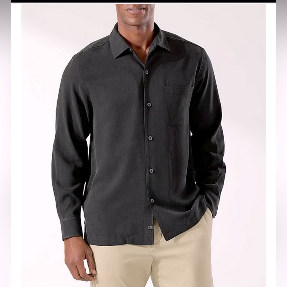Men’s Gray Grey Tommy Bahama Silk Long Sleeve Casual Dress Shirt Size XXL